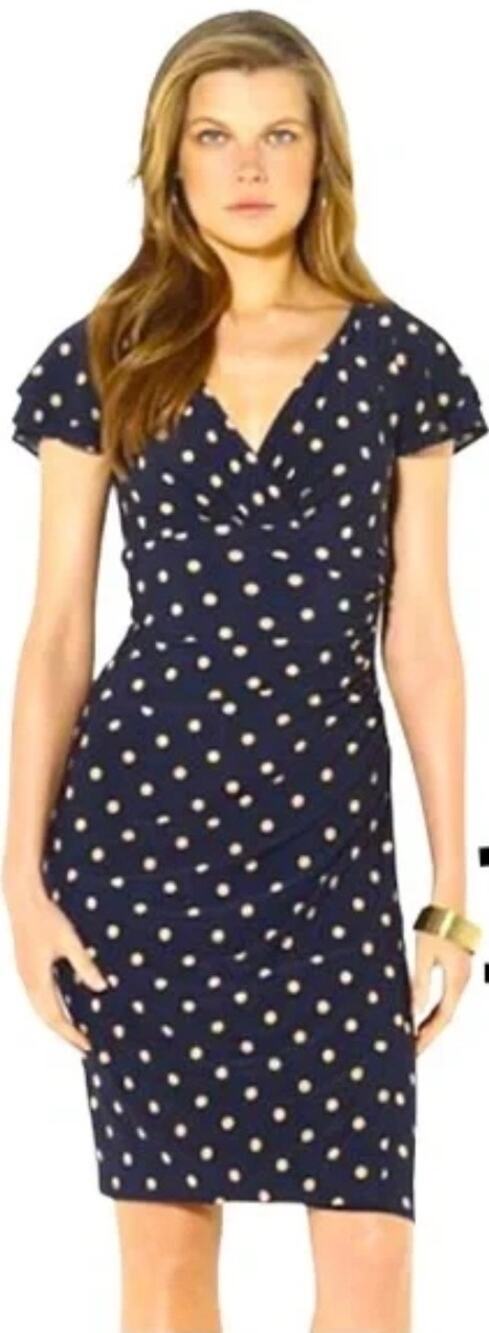 Lauren Ralph Lauren Polka Dot Ruched Dress Size 12 Navy Faux Wrap Sheath Preppy